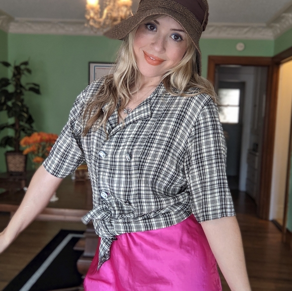 VTG Plaid Crinkle Blouse - Picture 9 of 10